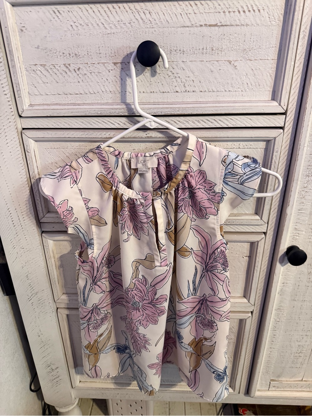 LOFT Cream Floral Ruffle-Neck Blouse with Pink & Blue Blooms